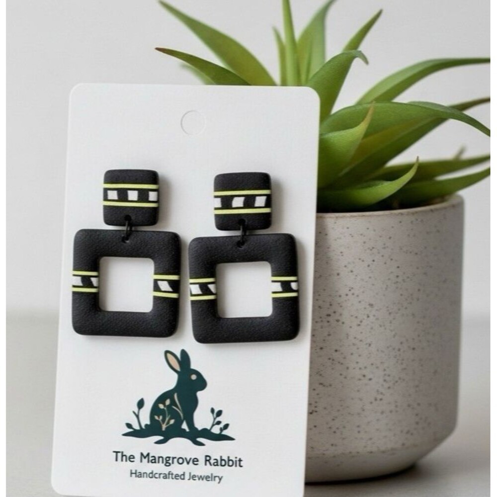 Black Yellow White Striped Large Handmade Polymer Clay Dangle Earrings SS Posts